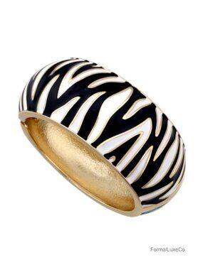 Wide Zebra Print Cuff Bangle Bracelet Gold Plated Stackable Jewelry